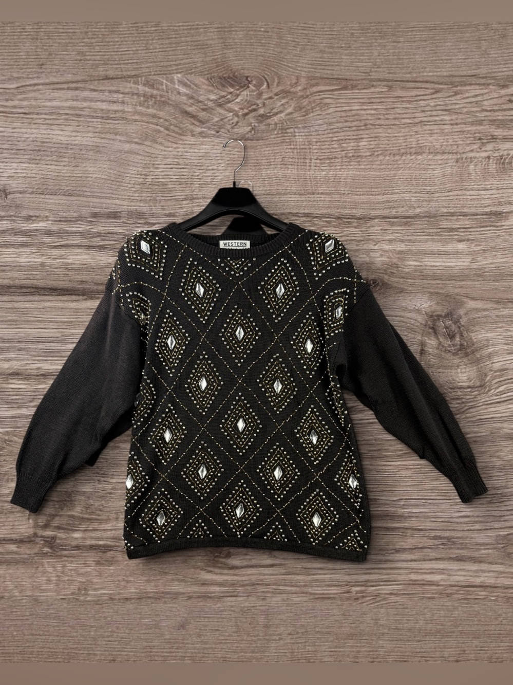 Vintage Western Connection Black Embellished Diamond-Pattern Sweater Small